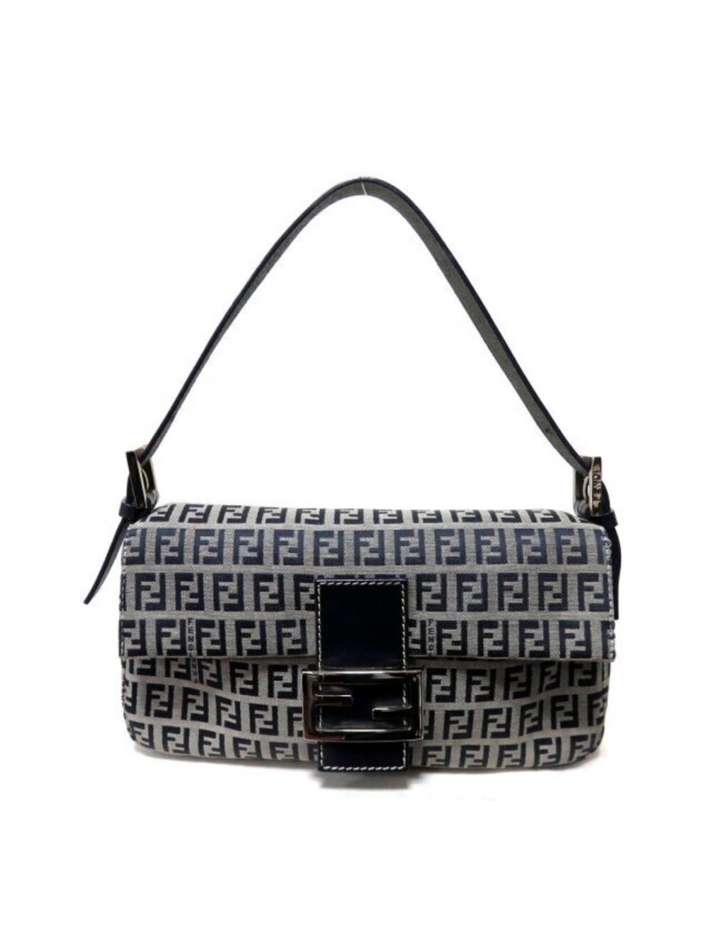 Auth Fendi Gray navy zucchino logo Baguette monogram canvas Shoulder Bag